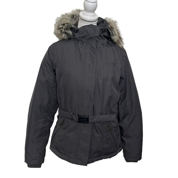 The North Face Puffer Coat Womens Size Medium Gray Belted Goose Down HyVent Hood - Picture 4 of 15
